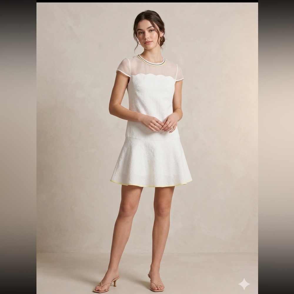 White Mini Dress with Sheer Yoke and Scalloped Bodice